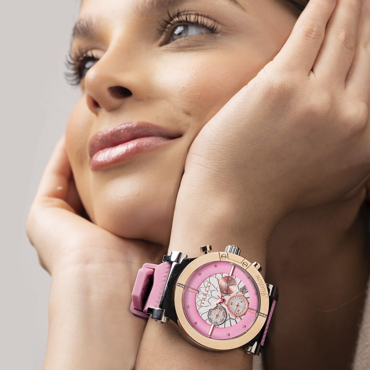 MULCO Dream Catcher - Reloj de mujer - Caja de acero inoxidable de 46 mm, movimiento analógico de cuarzo Miyota JP25, resistente al agua hasta 10 ATM, correa de silicona, multifunción, batería SR621SW