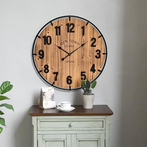 Miniatura 3 de Reloj de pared grande de 20 pulgadas con diseño rústico de madera antigua con círculo de metal y números grandes, silencioso, funciona con pilas,