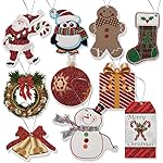 100 Count Christmas Gift Tags with Strings - Glitter Holiday Tags with Santa, Snowman, Penguin, Gingerbread, Wreath & Ornament Designs for Gift Wrapping and Holiday Parties