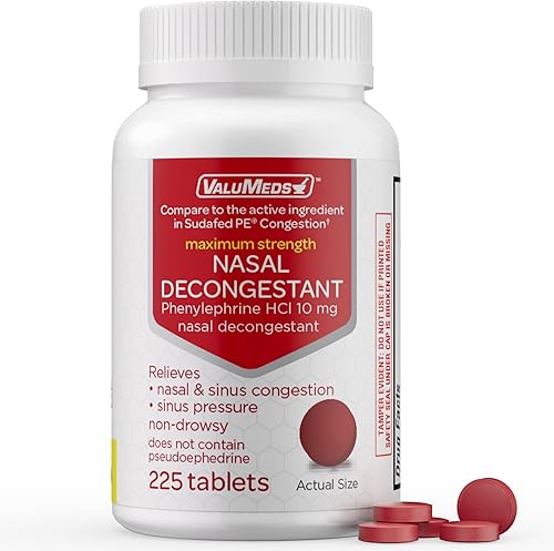 ValuMeds Descongestionante nasal PE (225 tabletas) sin somnolencia Fenilefrina HCl 10 mg para aliviar la presión sinusal Comparable a la
