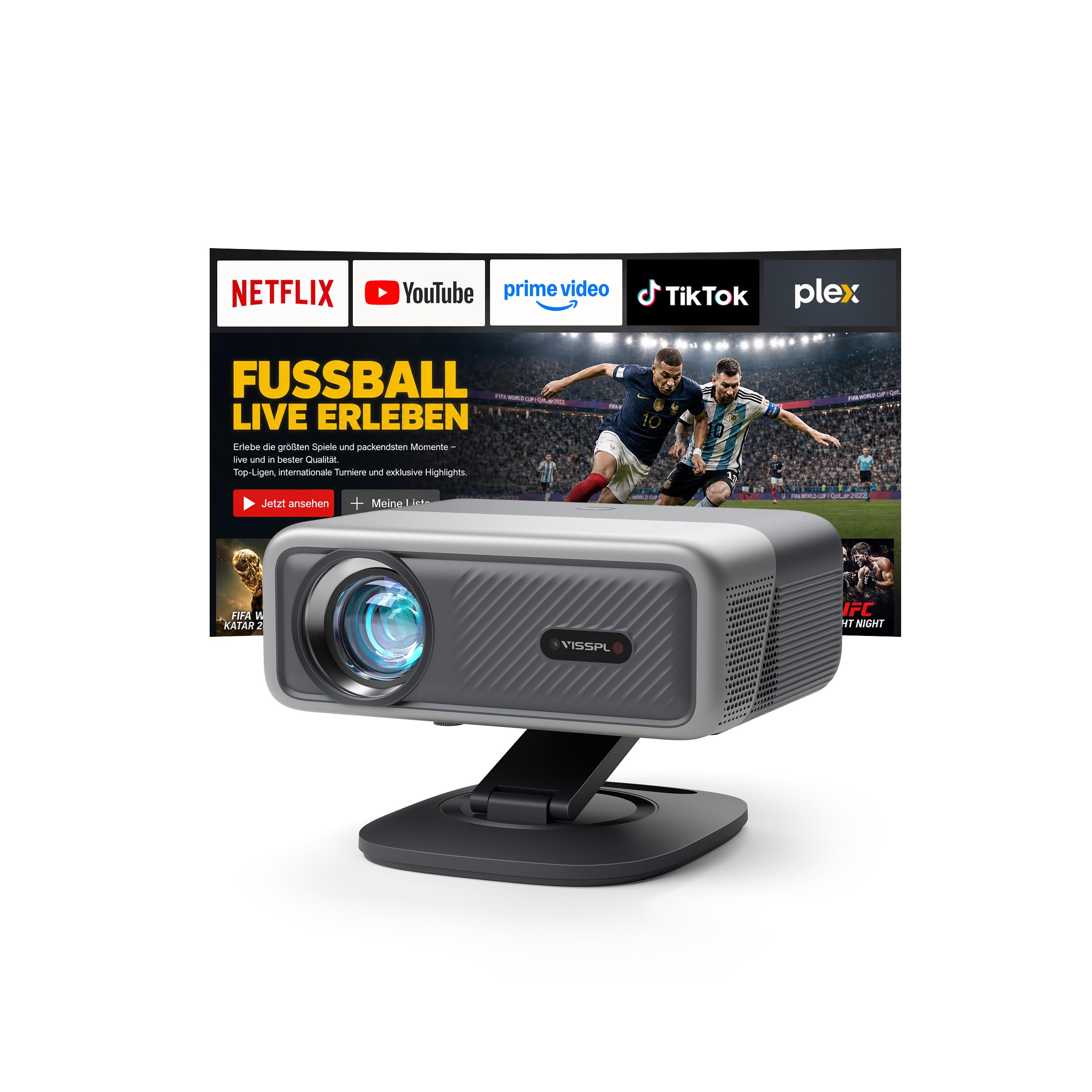 Smart Beamer 4K[Kompatibel mit Netflix] 3D Dolby Audio VISSPL 30000Lumen Autofokus/Auto Trapezkorrektur Projektor,WiFi6 Bluetooth Beamer 4K Heimkino,Outdoor Video Projektor Mit 360° Drehbarem Ständer