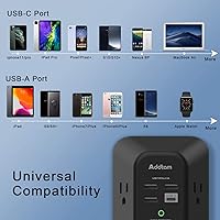 Vista 3 de Cargador de pared USB protector contra sobretensiones - Addtam extensor con 5 tomas de corriente y 4 puertos USB (1 puerto USB C), tira