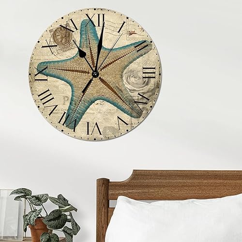 Miniatura 12 de ArogGeld Reloj de pared con diseño de estrella de mar antigua francesa, de cloruro de polivinilo, con números romanos, de 10 pulgadas, funciona