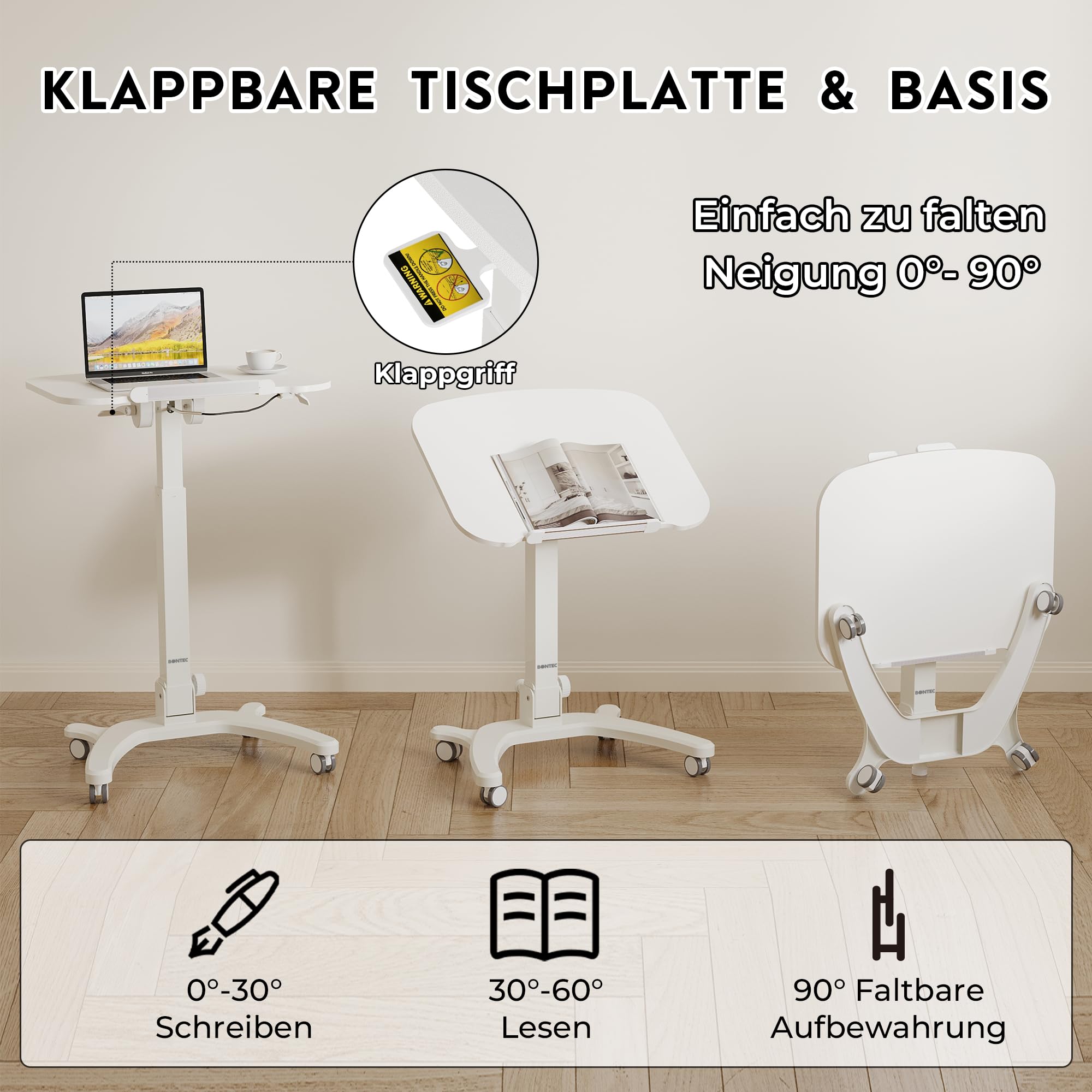 BONTEC Klappbarer Computertisch 65x50 cm, Höhenverstellbar mit 4 Rollen, Laptoptisch, Faltbar, Beistelltisch für Büro, Wohnzimmer, Schlafzimmer, bis 12 kg, Ideal für Heimarbeit und kleine Räume