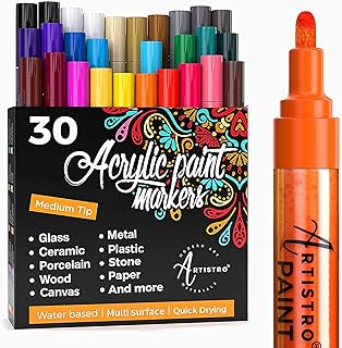Acrylic Paint Markers Pens – 30 Acrylic Paint Pens Medium Tip (2mm) - Great for Rock Painting, Wood, Fabric, Card, Paper, ...