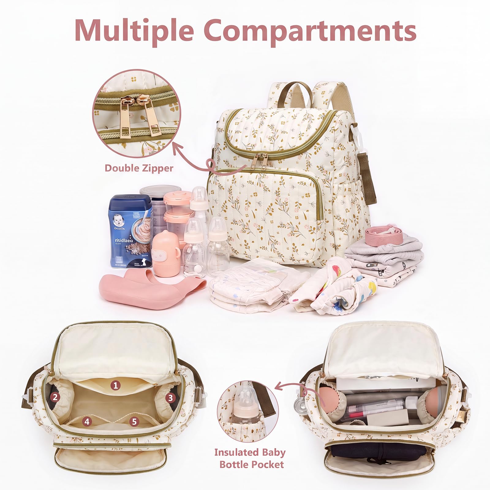 Wickeltasche mit Blumenmuster, Baumwolle, gesteppt, für Mütter, Baby-Reiserucksack mit Kinderwagengurt, braun, S, Casual
