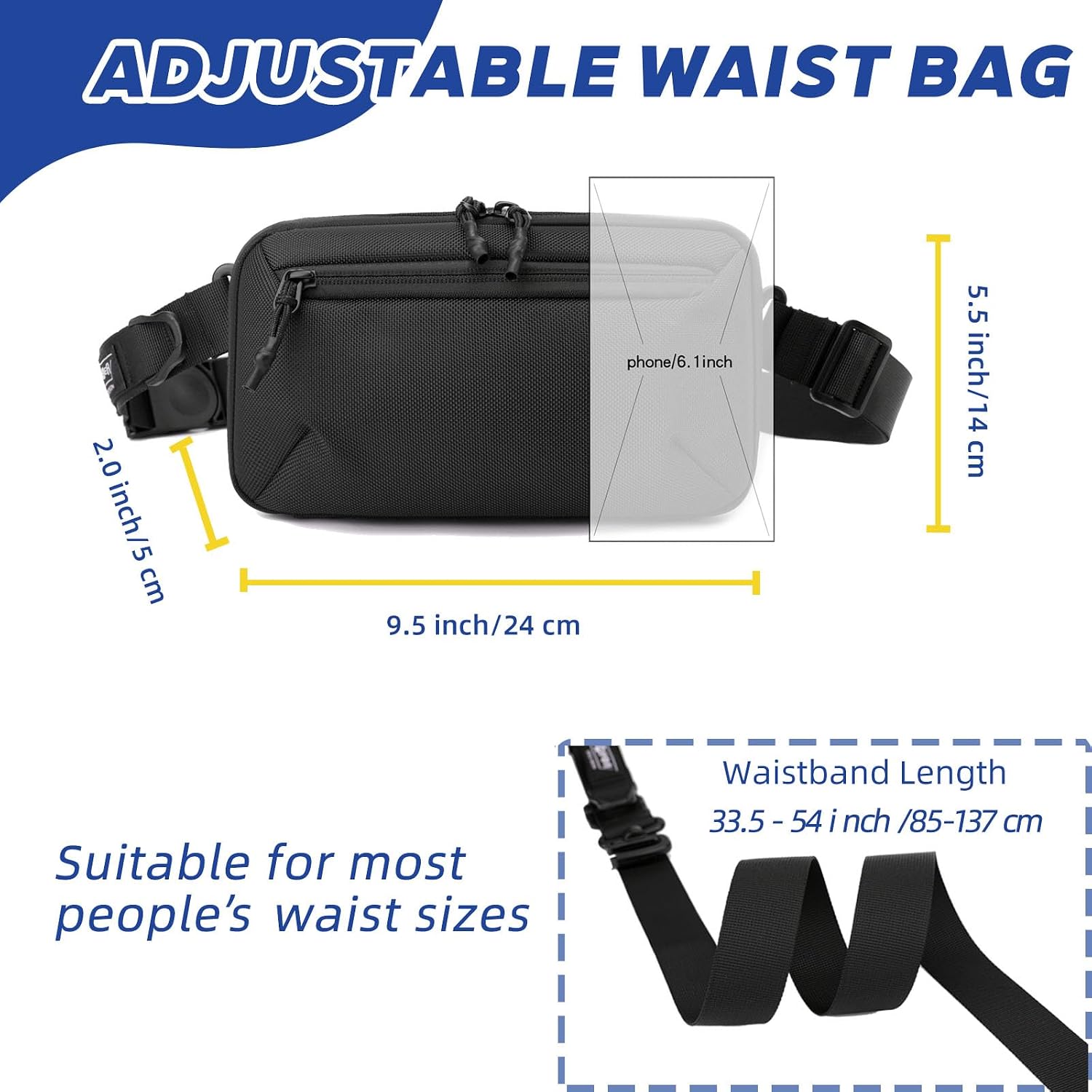 Crossbody Fanny Pack - 1.5L Small Sling Bag Water Resistant Handled Pouch with Adjustable Strap & D Ring for Travel Running Hiking EDC,Black
