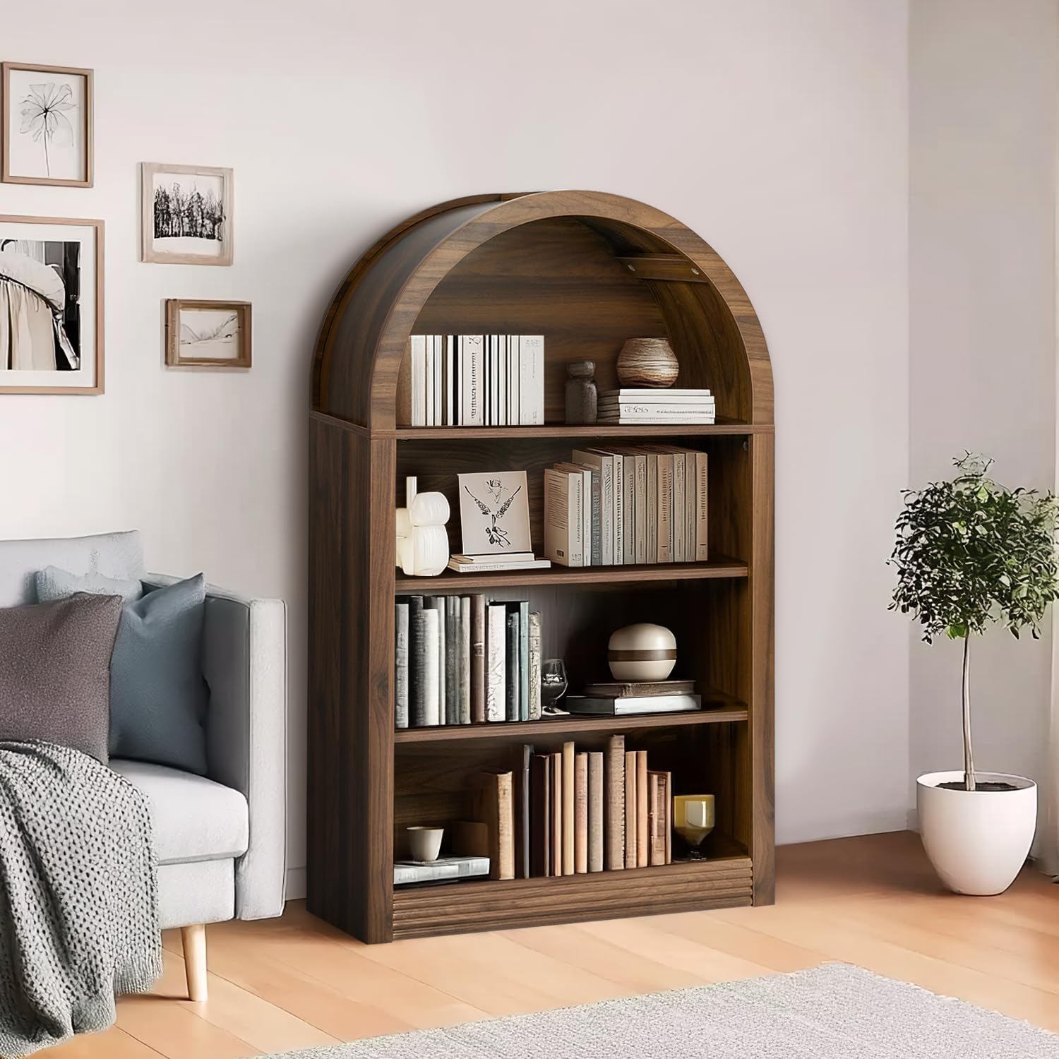 Bookcase, 4-Tier Tall Bookshelf, 47.6" Wood Open Display Floor Arched Book Shelf, Large Storage Organizer for Bedroom and Living Room Brown
