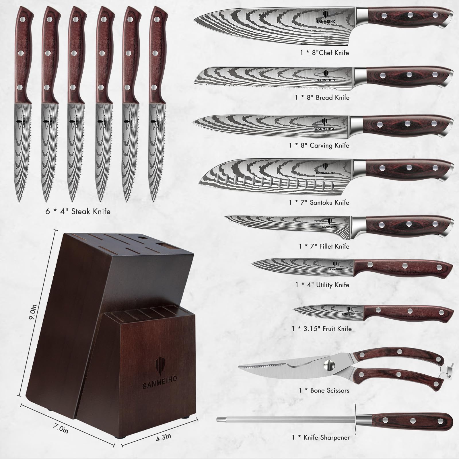 SANMEIHO Ensemble de Couteaux, 16 PCS Ensemble de Couteaux de Cuisine en Acier Inoxydable Allemand pour la Cuisine avec Bloc, Set de Couteaux de Chef Professionnel Ultra-tranchant avec Aiguiseur
