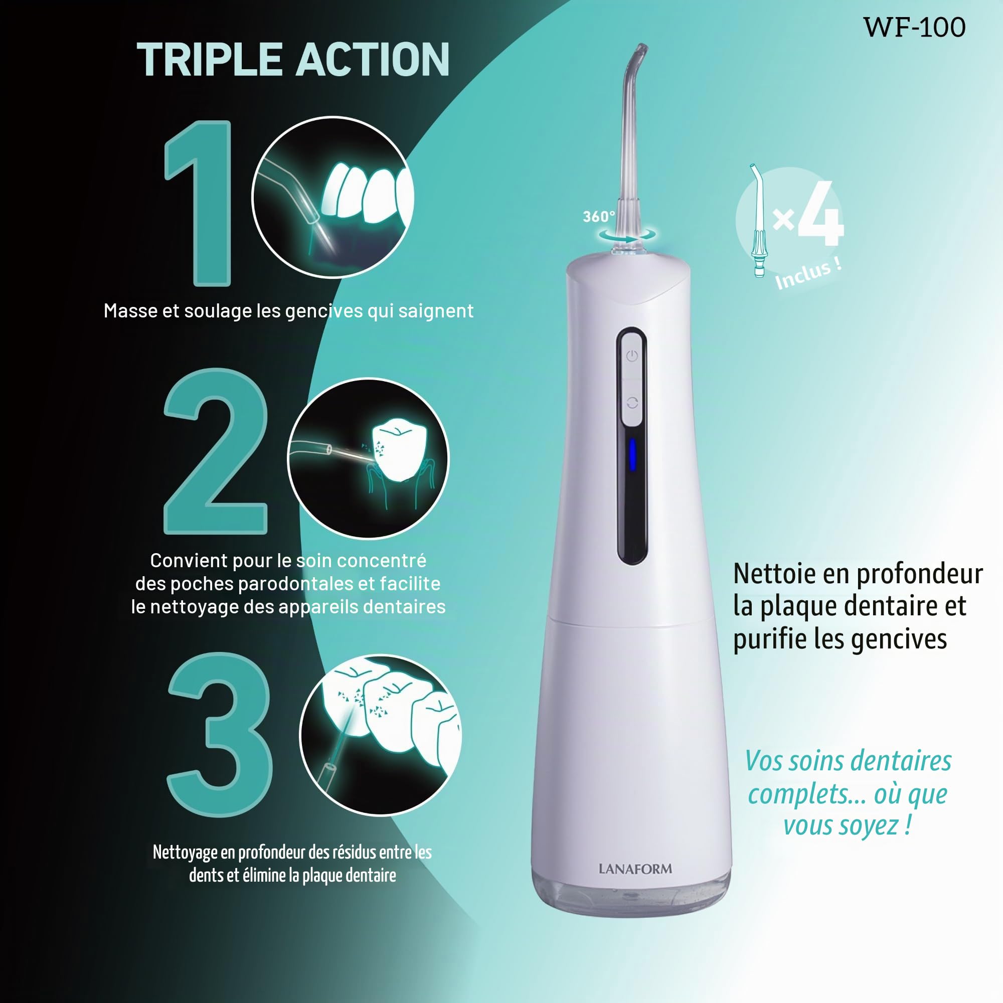 LANAFORM - WF-100 - Hydropulseur - Jet Dentaire - Hygiène Bucco-dentaire Optimale - Soin Complet - 4 Modes - 80 Minutes D'autonomie