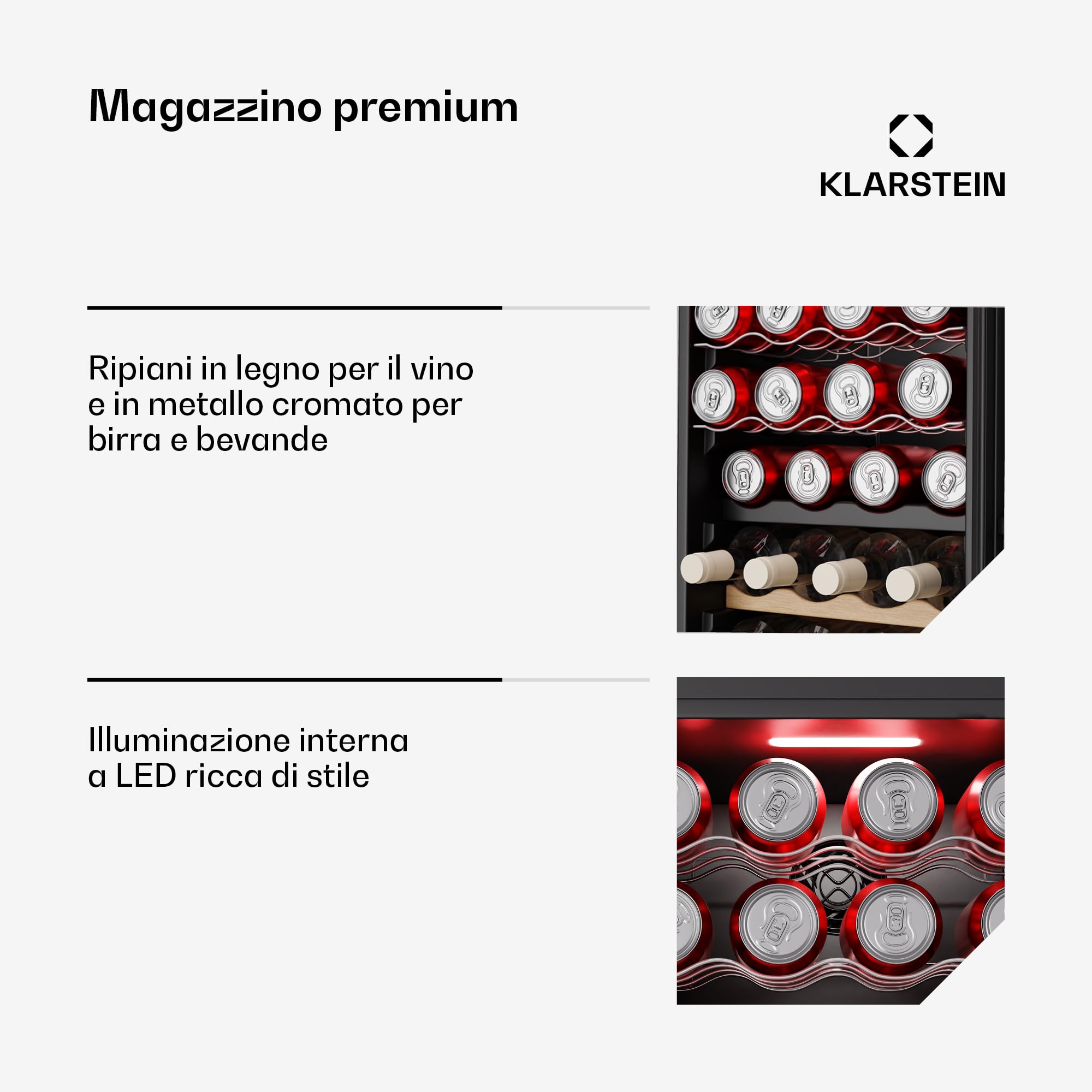 Klarstein Bovella 44 Duo+ - Cantinetta per Vini, 44 Bottiglie, Doppia Temperatura 5-18°C, Touch Control, LED, UV, A Libera Installazione