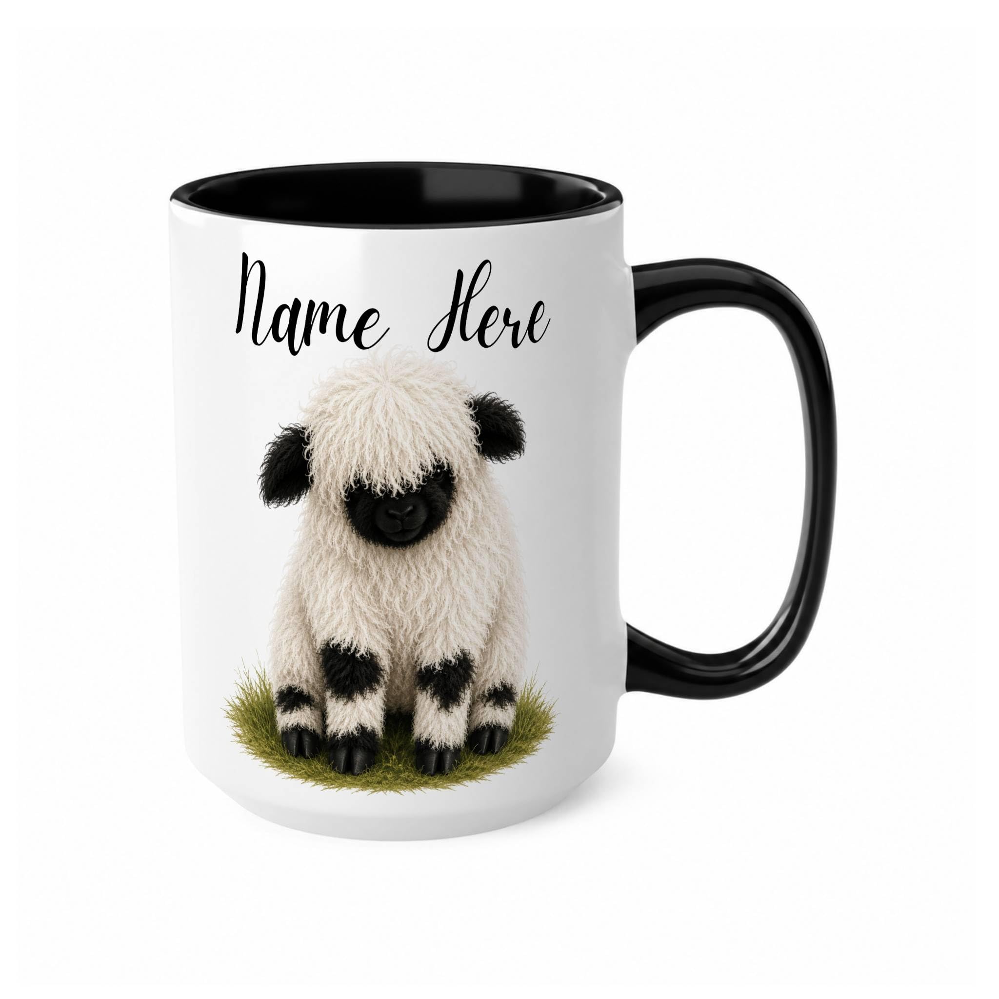 TheMugVault Personalised Valais Blacknose Sheep Mug with Name, Custom Cute Sheep Mug Gift for Her, Fluffy Sheep Coffee Cup, Animal Lover Gift for Mum, Daughter, Girlfriend, Black 15oz