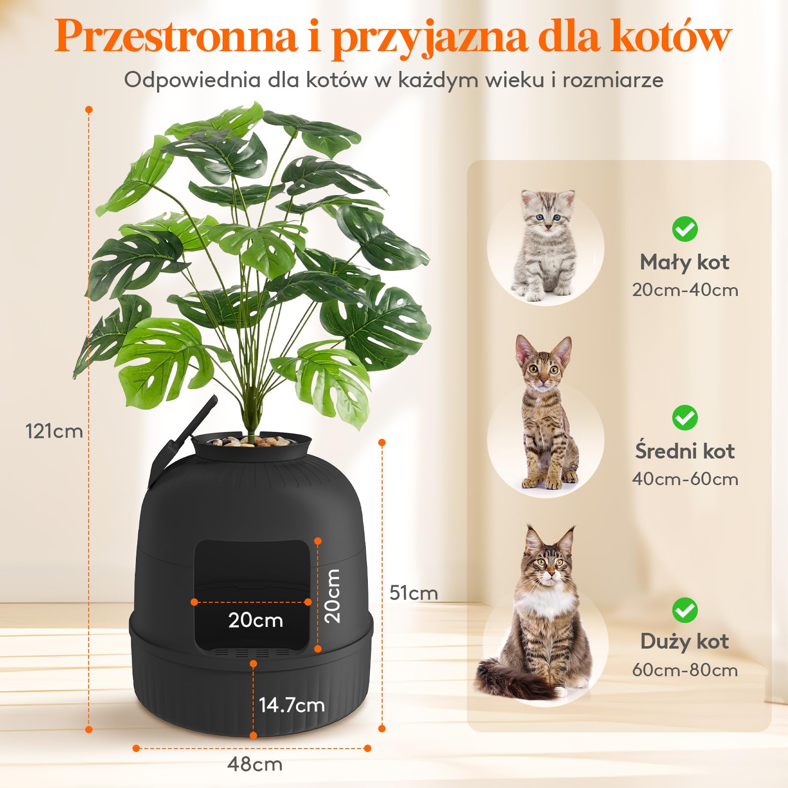 Lifewit Kuweta dla kotów z systemem usuwania zapachów, ukryta kuweta ze sztuczną rośliną i szufelką do salonu, sypialni, narożnika, czarna
