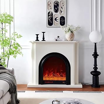 Freestanding Electric Fireplace with Mantel 51IN Indoor Heater Arched Door White TV Stand Chimenea for Living Room