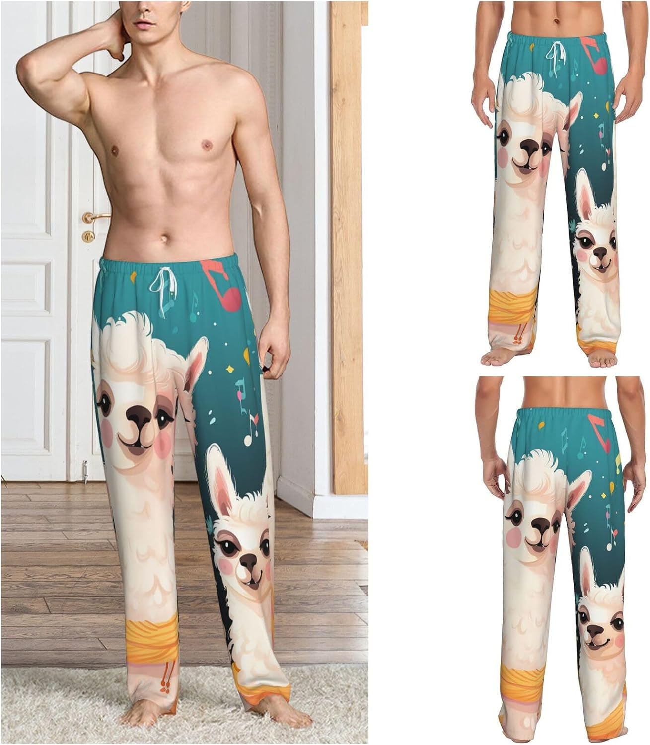 Mens Pajama Pant with Pockets Lounge PJ Bottoms Cute llama singing on musical notes Sleep Pant for Men Pajama Bottoms