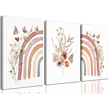 Cute Wildflowers Boho Rainbow Wall Art Canvas Prints for Nursery