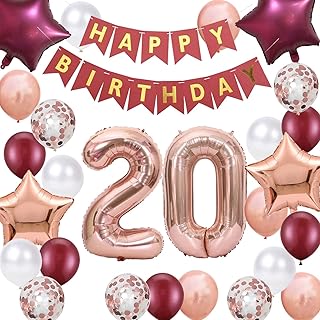20th Birthday Party Decorations Rose Gold for Women, Happy Birthday Banner Rose Red Number 20 Balloons Star Foil Balloons 20th Birthday Confetti Balloons for Girls 20 Years Old Birthday Party(20th)