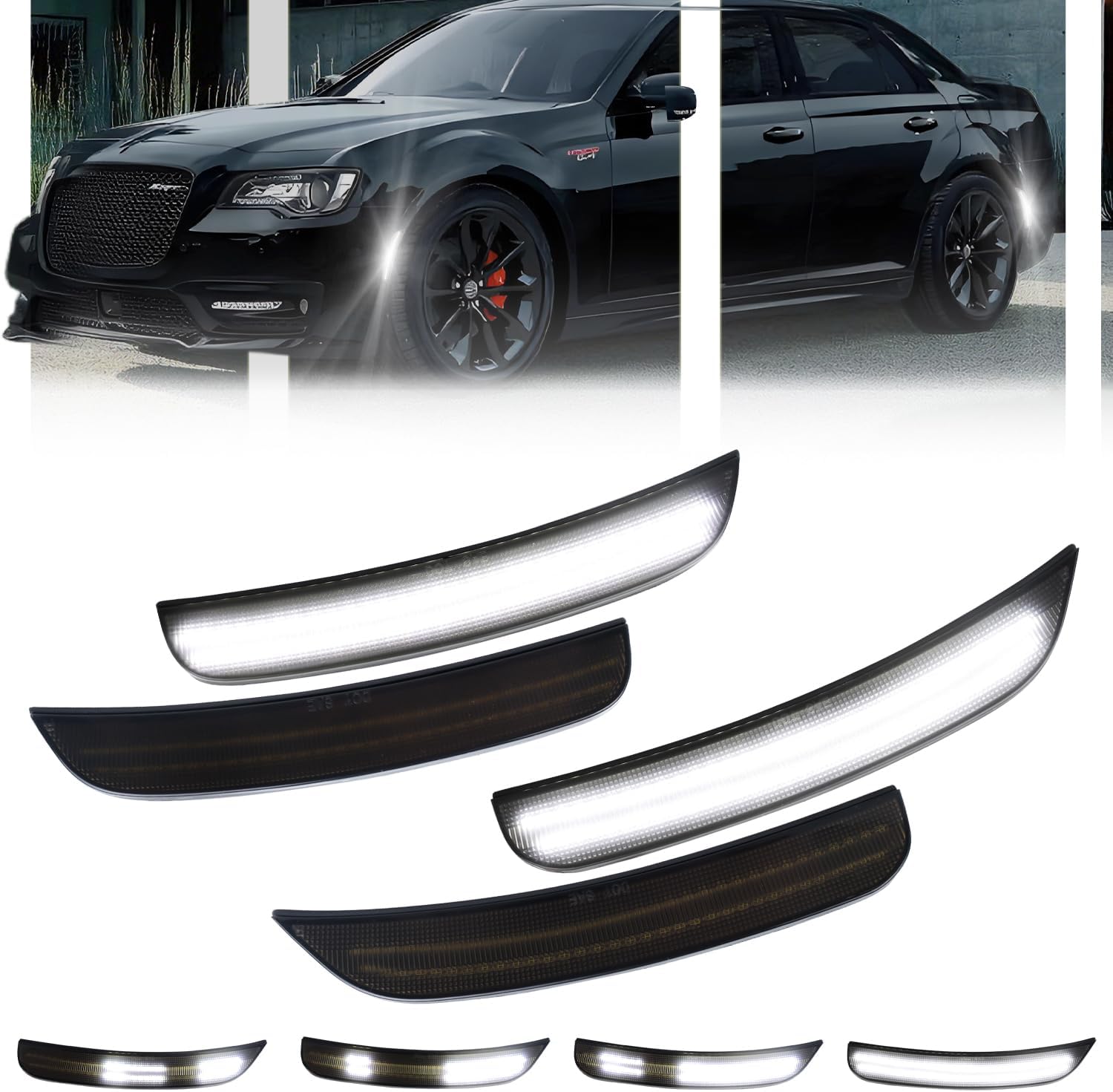 Upgraded Dynamic LED Side Marker Lights for 2015-2024 Chrysler 300, White LED Front & Rear Bumper Marker Lamps Smoked Len, 4PCS