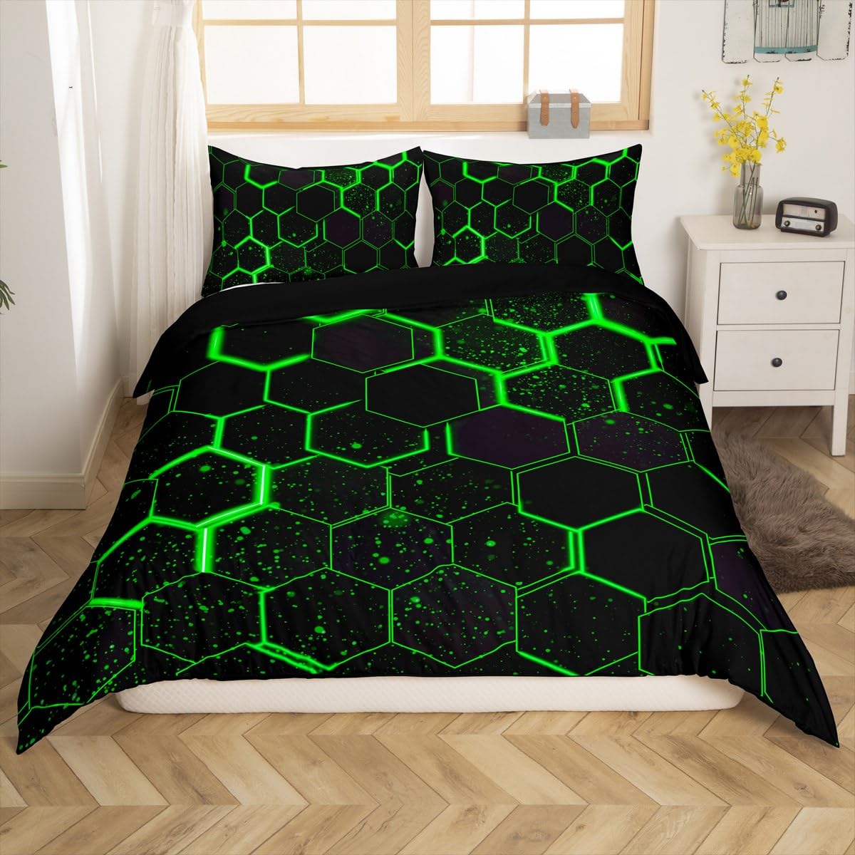 Homewish Schwarz Grün Honigwaben Bettbezug Neon Hexagon Tröster Abdeckung Geometrische Bienenstock Mädchen 135x200 Bettwäsche Sets, Abstrakte Linie Kunst Bett Set Moderne Geometrie Raum Dekor