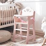 ROBUD Baby Doll High Chair, Pretend Play High Chair with Seat Belt, Pink Wooden Baby Doll Accessories with Movable Tabletop, Fits 18-20 Inch Dolls