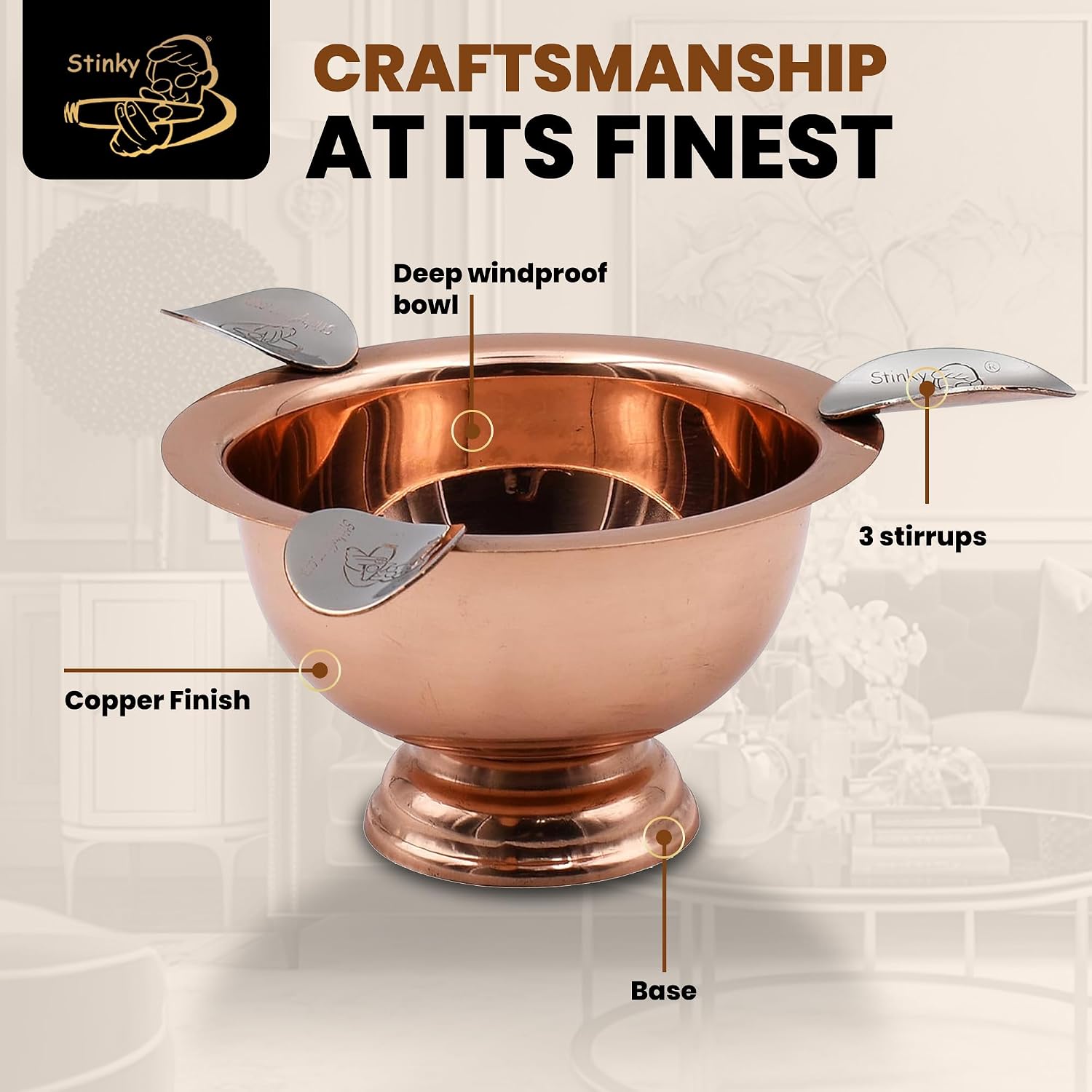 Stinky Cigar Copper Ashtray with 3 Stirrups, Windproof Stainless Steel Design, Deep Bowl for Indoor & Outdoor Use, Heat Resistant & Easy to Clean - Ideal Smoking Accessory for Cigar Enthusiasts
