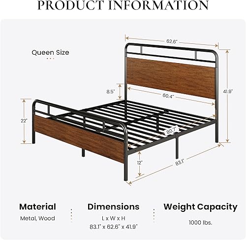 Miniatura 2 de SHA CERLIN Base de cama tamaño Queen con cabecera y estribo de madera, estructura de metal de esquina redondeada, listones resistentes con