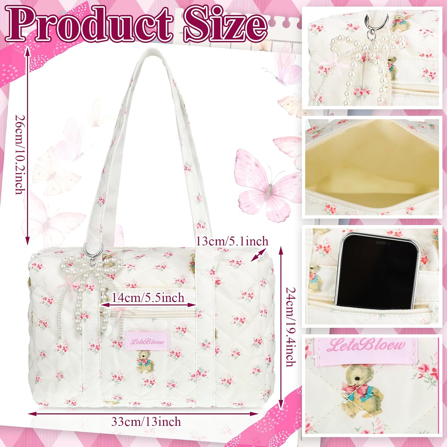 Pink Coquette Bag White Floral Handbag Kawaii Handbag Coquette Bow Quilted Duffle Bag for Women Shoulder Purse with Bow Pearl Keychain for Christmas Gifts Business Travel Trip - Image 2