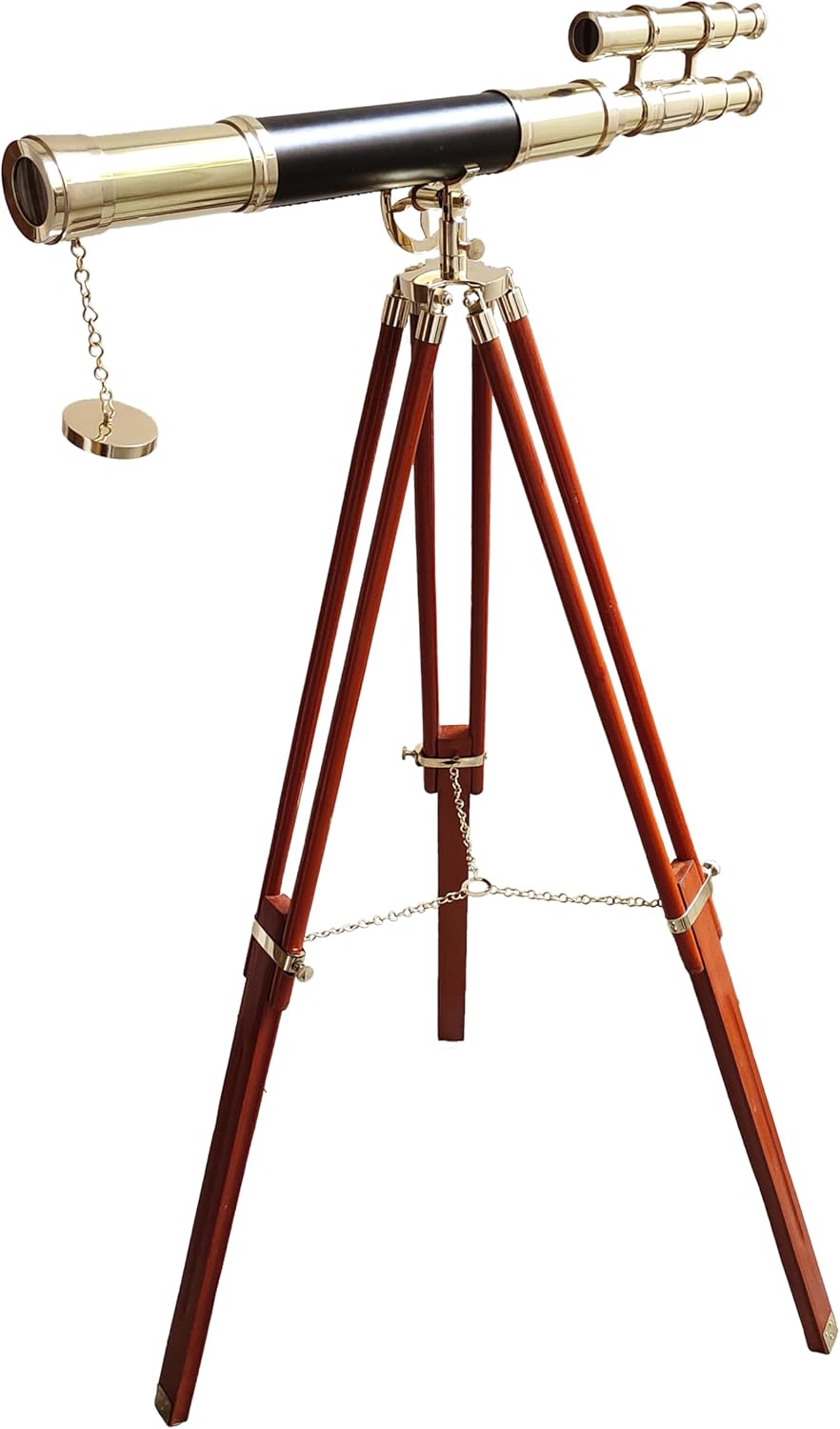 Double Barrel Vintage Telescope Shiny Brass Finish Wooden Brown Nautical Tripod Telescopes Spyglasses Leather Sailor Boat Decor Collectibles - Navirock