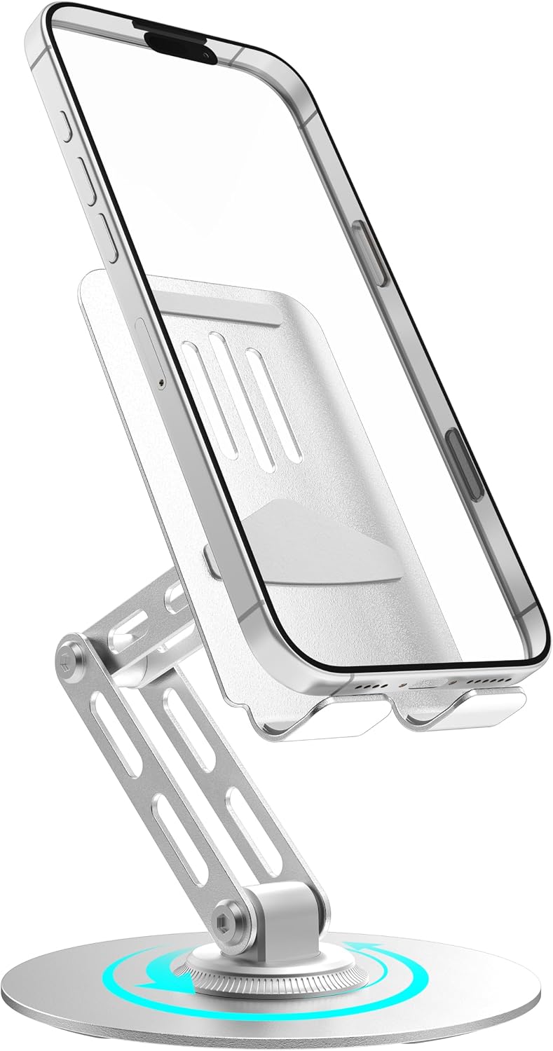 360° Rotating Cell Phone Stand for Desk, Adjustable Foldable Aluminum Phone Holder with Anti-Slip Base, Sturdy Desktop Stand Compatible with iPhone, iPad, Android Phones – Silver