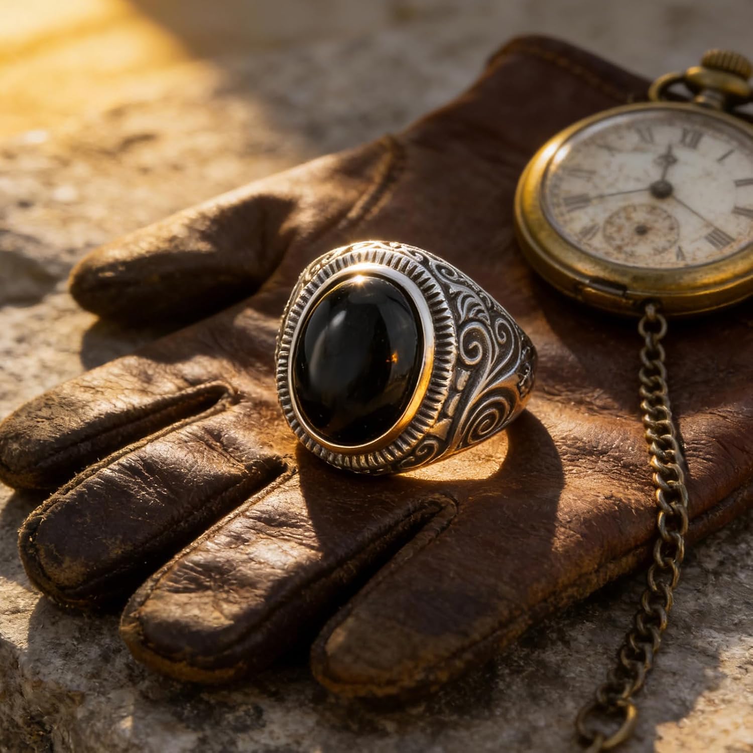 Retro Black Onyx Rings for Men Women, Oval Black Stone Ring Stainless Steel Vintage Mens Jewelry, Size 8-15