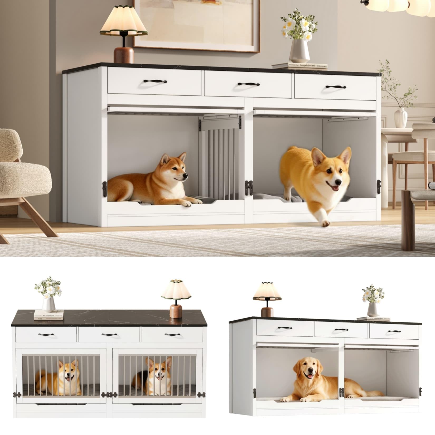 Cage pour Chien XXL 164×60×81cm,Niche/Cage Chien Interieur,Buffet avec Couvercle Supérieur à Rabat,étagère Amovible,3 Tiroirs,pour 2 Chiens (Noir Blanc)