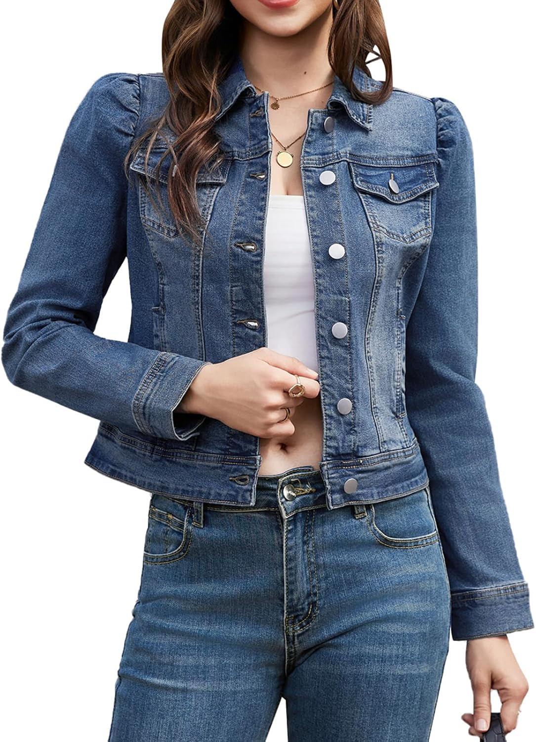 Anienaya Women's Jean Jacket Cropped Denim Jackets Stretchy Puff Long Sleeve Ripped with Pockets