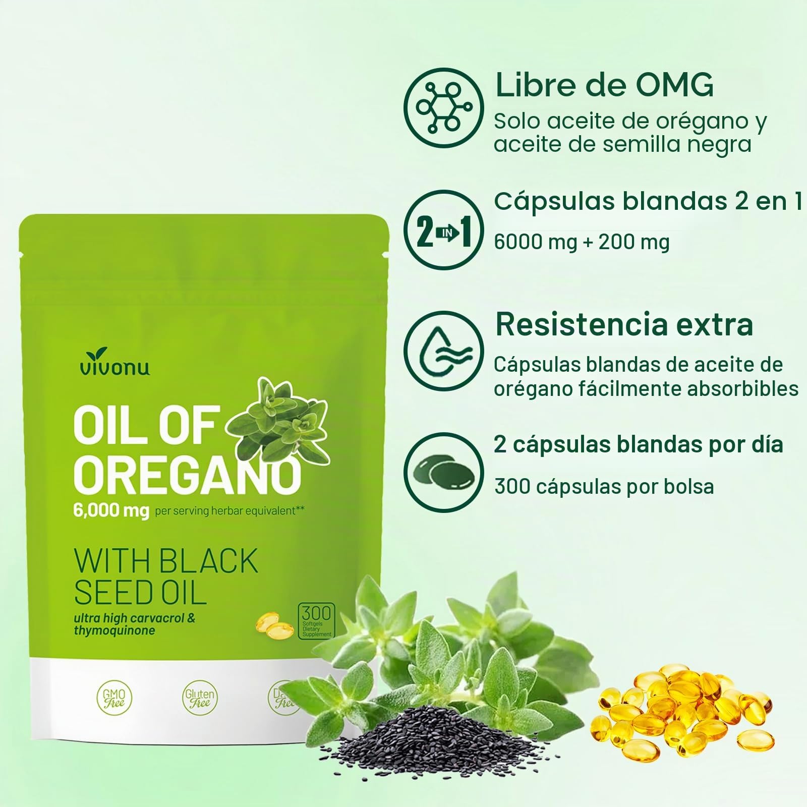 VivoNu de aceite de orégano, aceite de orégano equilibrado con aceite de semillas negras, aceite de orégano orgánico, sin OGM
