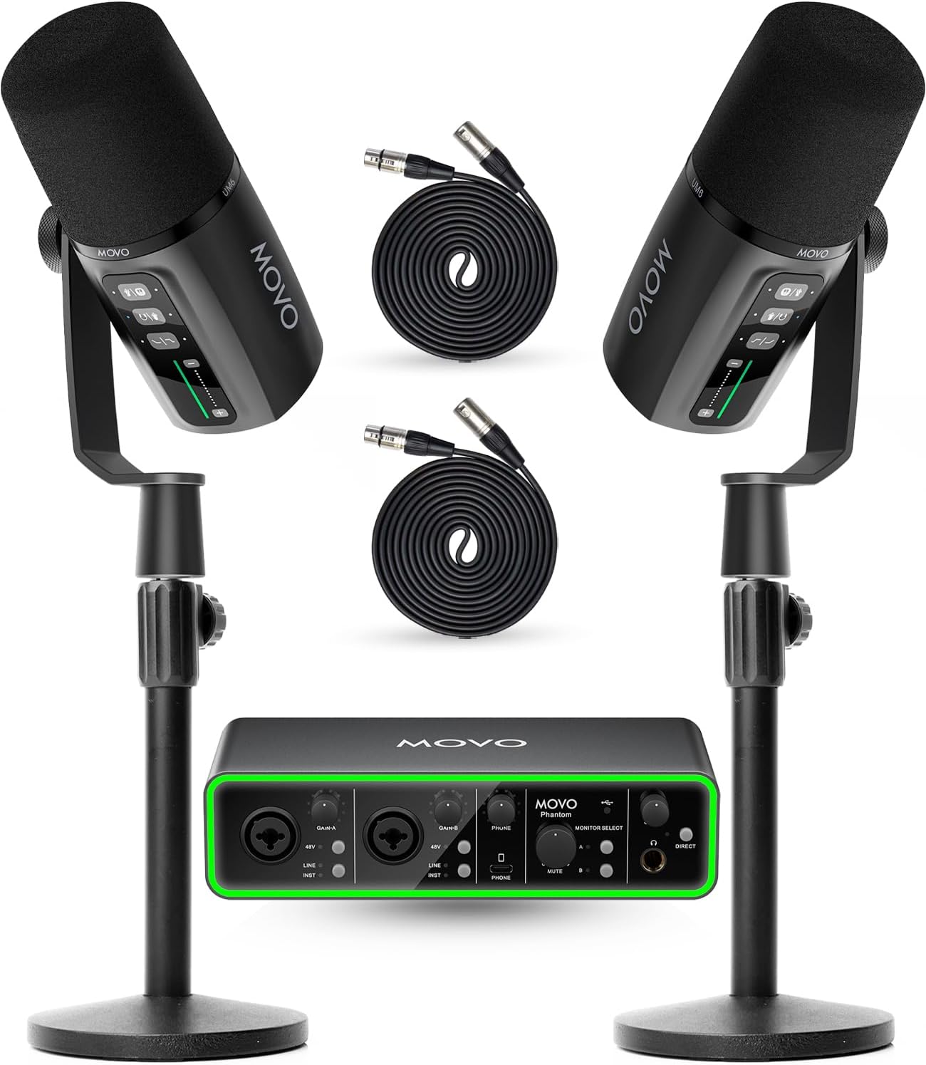 Movo Podcast Equipment Bundle - Phantom USB Audio Interface, 2 UM6 XLR/USB-C Dynamic Microphones, and 2 Tabletop Stands - Dual Microphone Setup for Professional Podcasting and Streaming