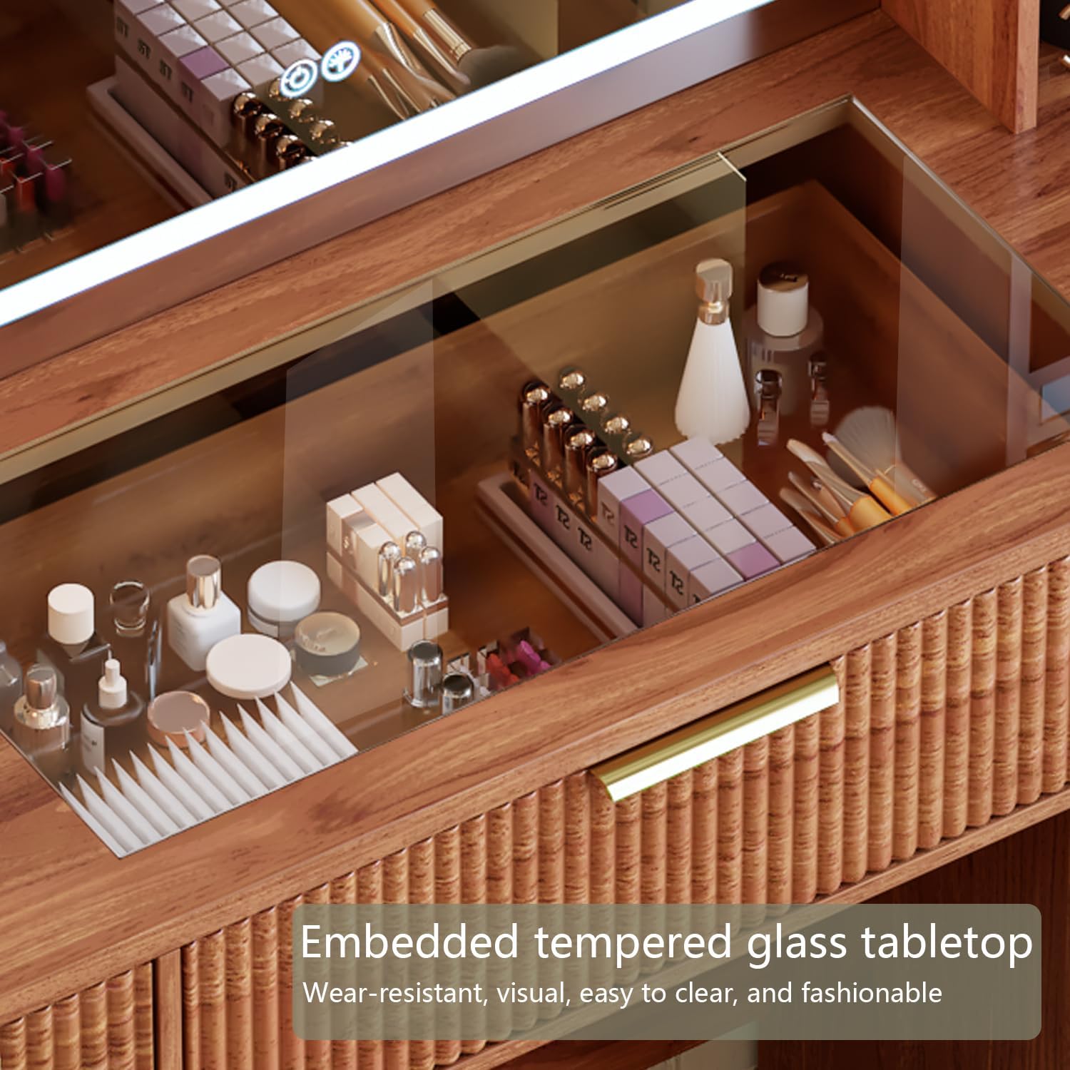 47" Large Vanity,Modern Fluted Makeup Vanity Desk with Mirror and Lights, Glass Top Vanity with 3 Drawers and 2 Cabinets&Charging Station,Dressing Table for women and girls’ bedrooms. Walnut