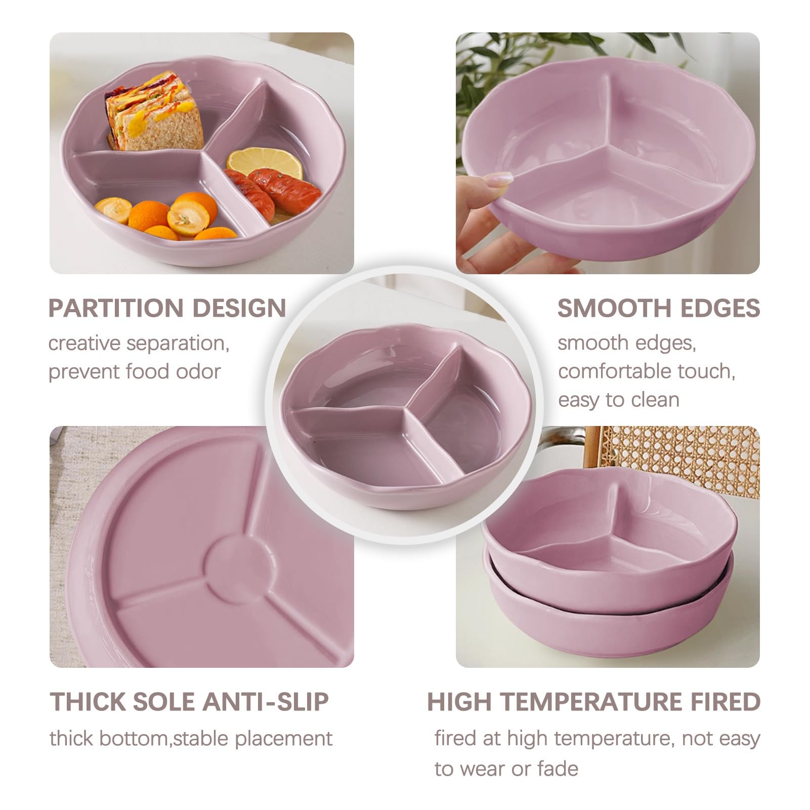 Assiette divisée en céramique réutilisable pour adultes – Plateau de service à 3 compartiments de 20,3 cm, passe au micro-ondes et au lave-vaisselle (violet)