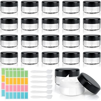 AiQInu Pack of 20 Cream Jars for Filling 30 ml Travel Containers for Filling Transparent 30 ml Plastic Jars with 6 Spatulas and 48 Labels Use Travel Sample Container