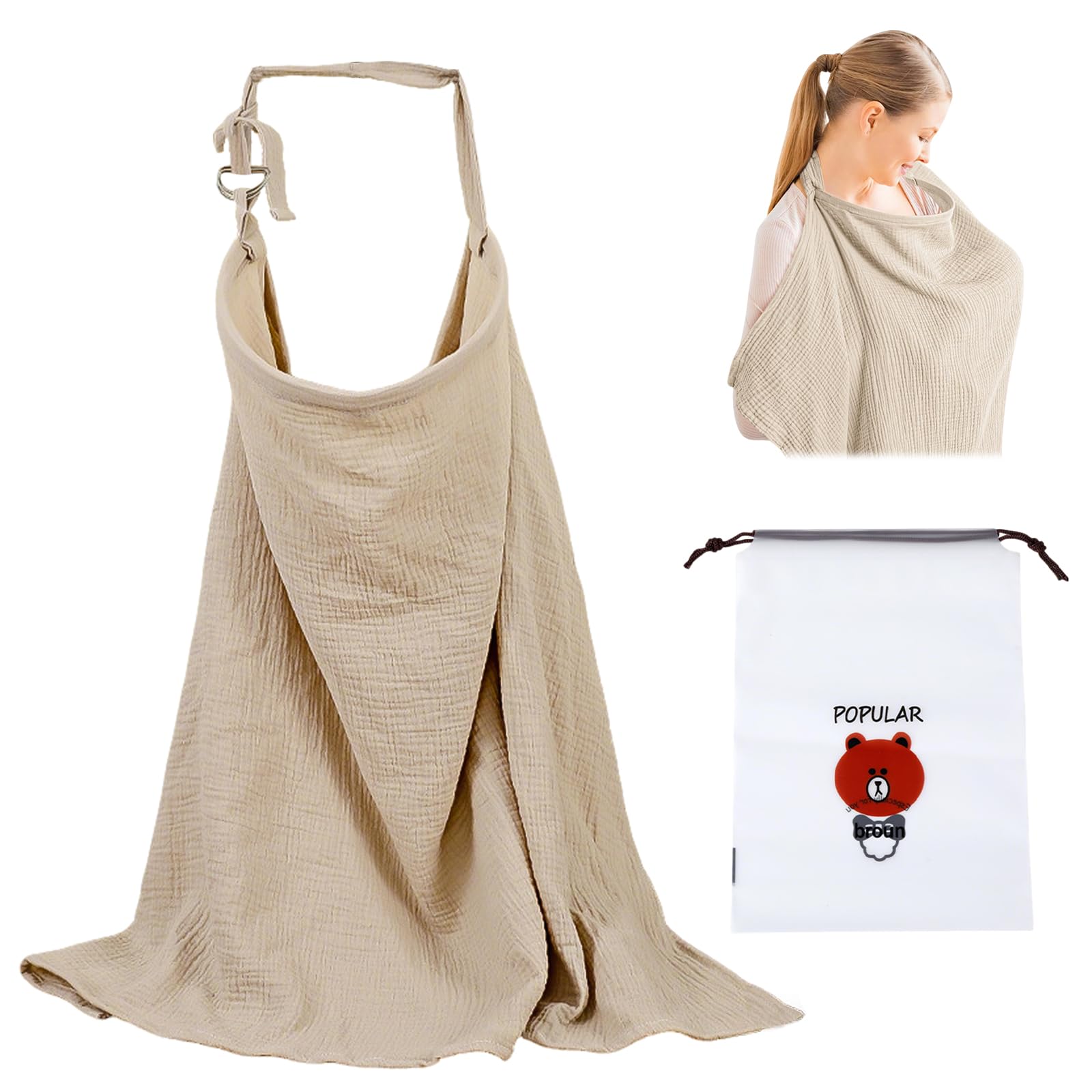 Breastfeeding Cover,Muslin Nursing Cover,Breathable Cotton Muslin with Adjustable Strap,360° Full Coverage,for Mum Privacy Shield Public Use,with a Bag(Khaki)