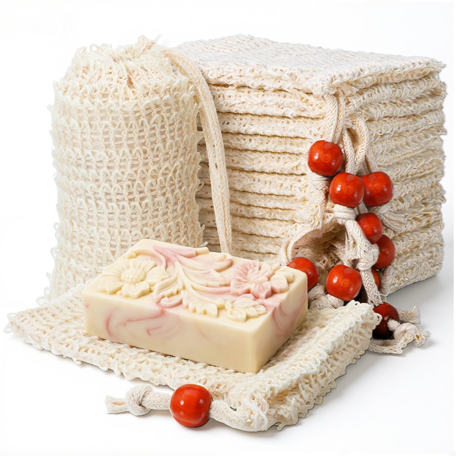 50 pcs soap bags mesh exfoliating, natural sisal soap saver bag pouch, quick-drying reusable plastic-free mesh net with drawstring bar wooden bead for shower use like massaging (3.5x5.5 inch)