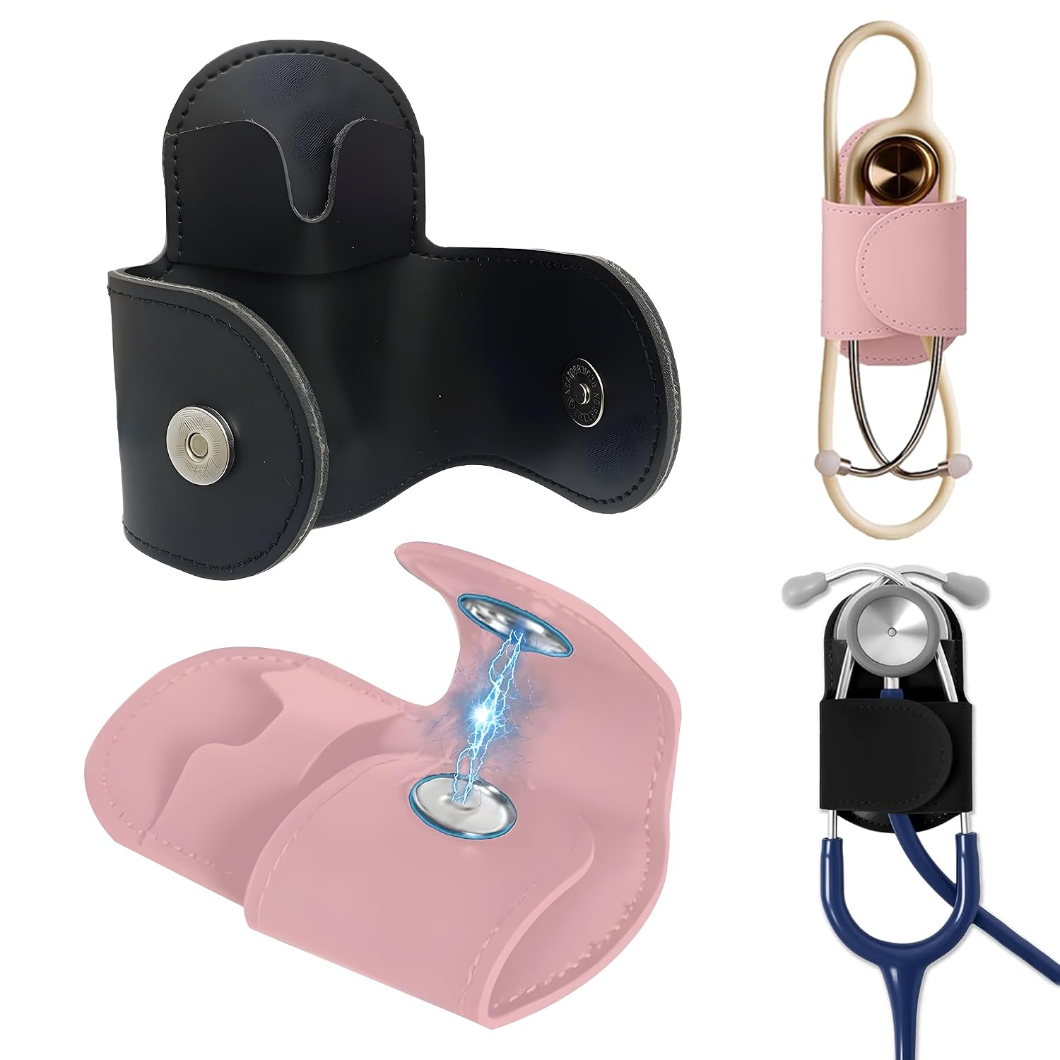 Magnetic Stethoscope Holder Clip 2-Pack (Black & Pink) - Secure Hands-Free PU Leather Holster for Physicians, Nurses, EMT, Students - Fits 3M Littmann & Most Stethoscopes