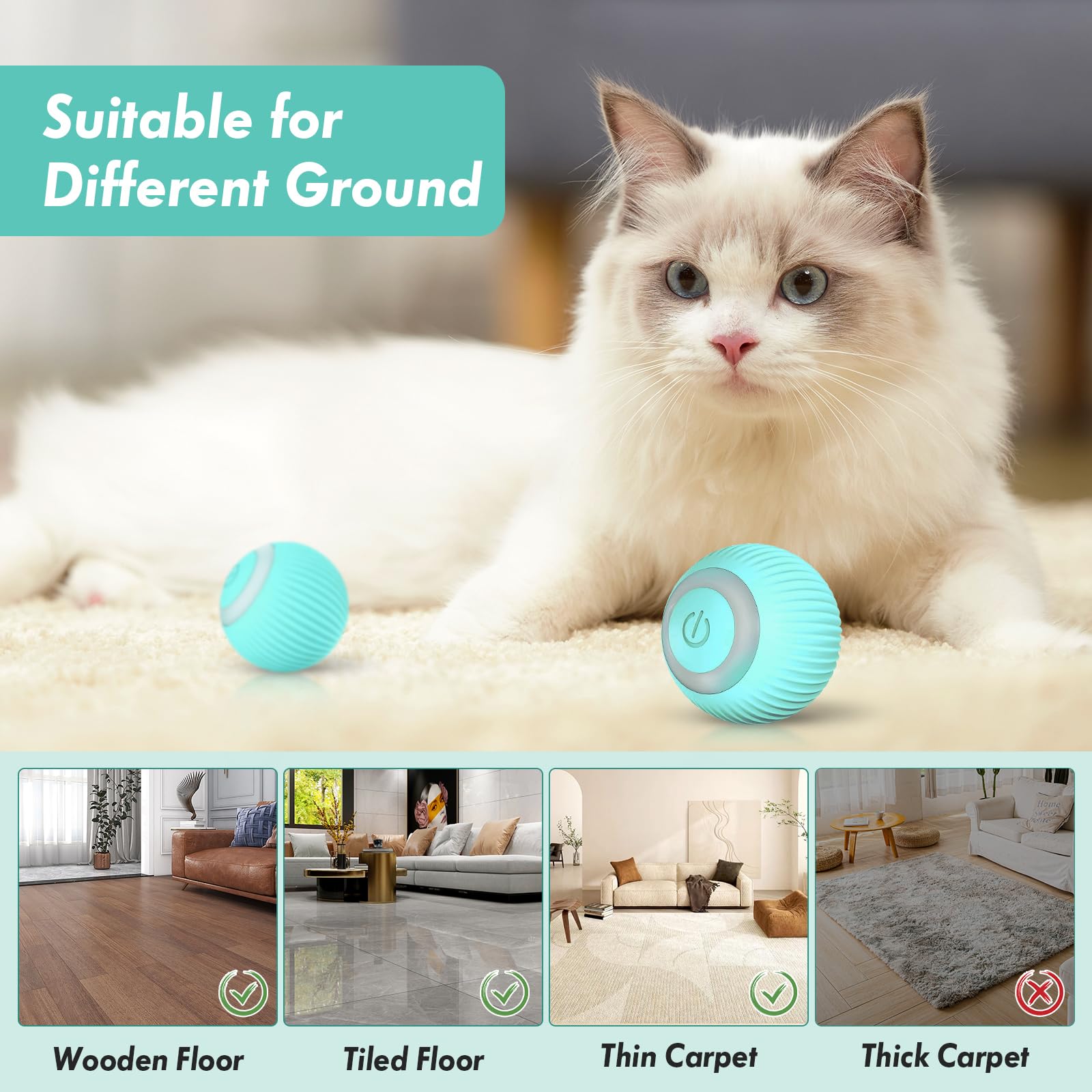 NEOVSUNY Interactive Ball Toy for Cats, Ball with LED Light, Intelligent Cat Toy Indoor Automatic Rolling for Dogs, Kittens, Automatic Rotation 360 Degrees and 3