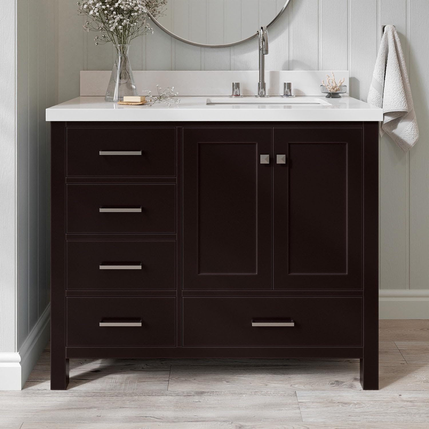 ARIEL Cambridge 42-inch Bathroom Vanity with Sink,Solid Wood, 1.5-inch Pure White Quartz Countertop, Single Rectangular Porcelain Sink, 2 Soft Closing Doors, 5 Dovetail Drawers, Espresso