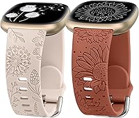 Vista 17 de Minyee Paquete de 2 correas grabadas florales compatibles con Fitbit Versa 4/Versa 3/Sense 2/Sense Band para mujer, lindo diseño de girasol