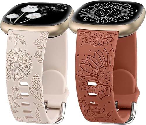 Minyee Paquete de 2 correas grabadas florales compatibles con Fitbit Versa 4Versa 3Sense 2Sense Band para mujer, lindo diseño de girasol de diente