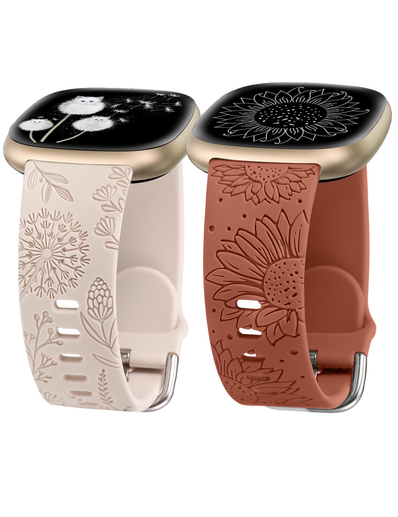 Minyee 2 Packs Floral Engraved Band Compatible with Fitbit Versa 4/Versa 3/Sense 2/Sense Band Women, Cute Silicone Dandelion Sunflower Design Soft