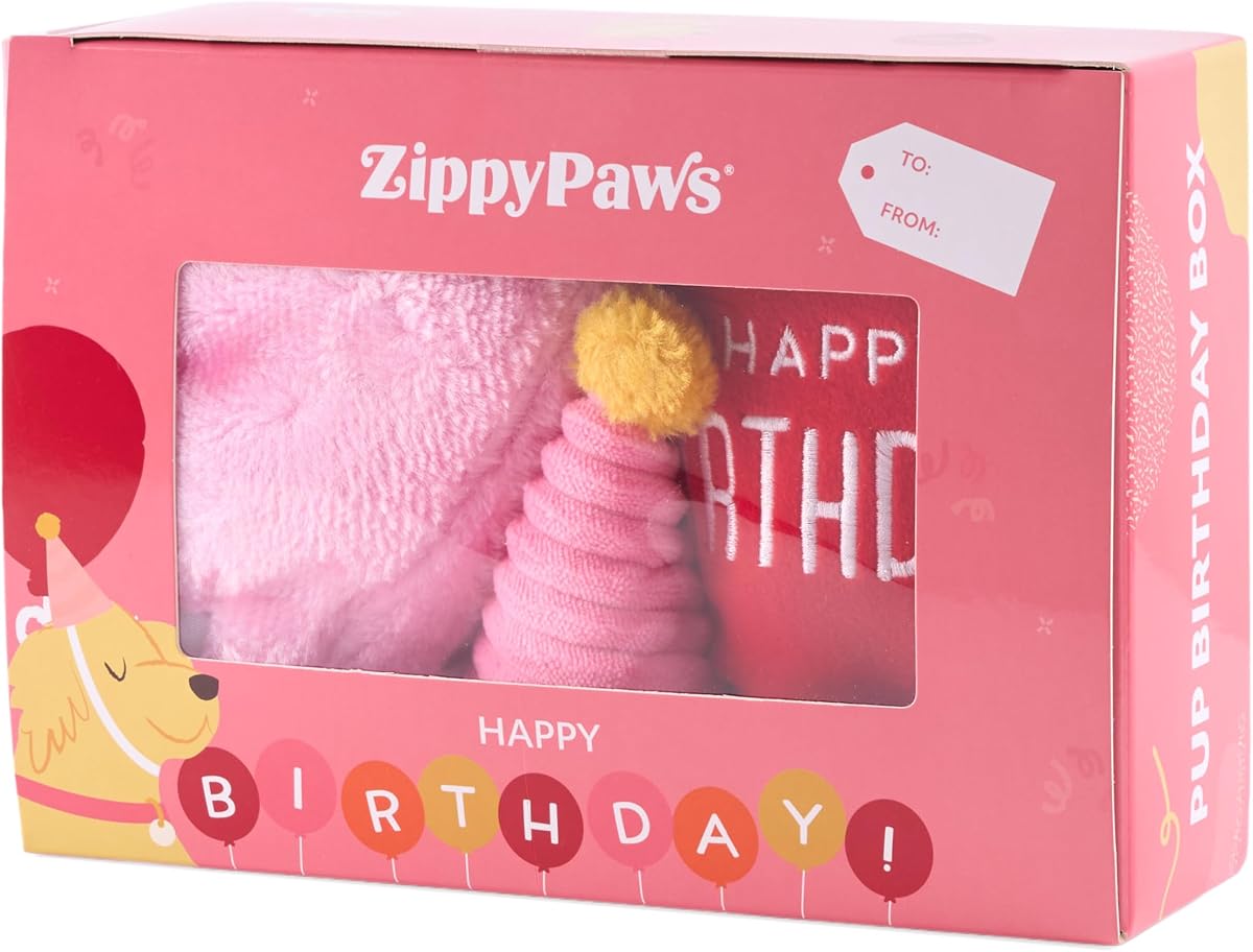 ZippyPaws Caja de cumpleaños para perros, juguetes chirriantes para mantenerlos ocupados, paquete de 3, rosa | Peluche de comida divertida para perros pequeños, medianos y grandes, lindo juguete y sombrero de peluche para cachorros, productos para mascotas, regalo para perros de todas las razas