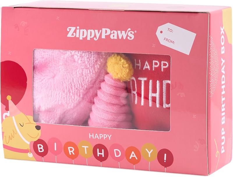 ZippyPaws Caja de cumpleaños para perros, juguetes chirriantes para mantenerlos ocupados, paquete de 3, rosa | Peluche de comida divertida para perros pequeños, medianos y grandes, lindo juguete y sombrero de peluche para cachorros, productos para mascotas, regalo para perros de todas las razas