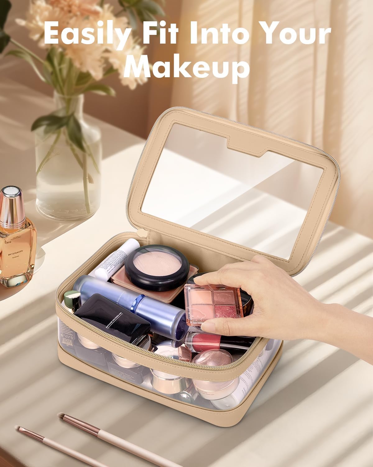 Travel Clear Makeup Bag with Makeup Brush Bag, Leather Makeup Case Toiletry Bag, Portable Cosmetic Bag Case, Transparent Waterproof Cosmetic Organizer Storage Bag for Women, Khaki - Image 2