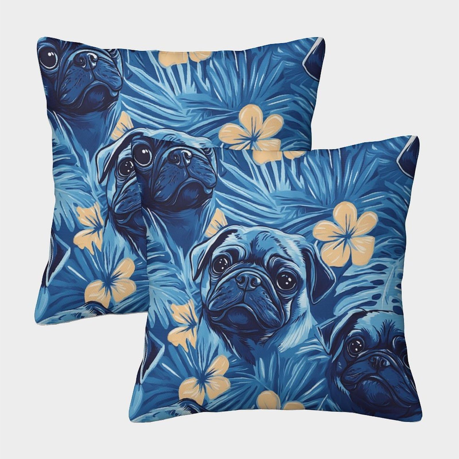 kaiyun 2 Pack Blue Hawaiian Pug.Tropical Plants 3D Cushion Cover Pillow Cover Sofa Outdoor Decoration Square 45x45cm