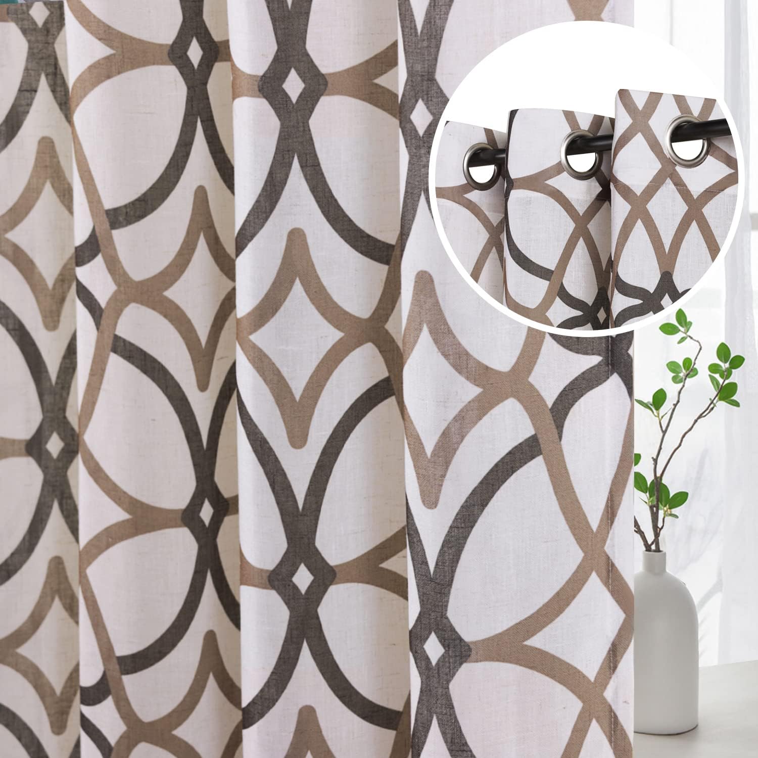 H.VERSAILTEX Linen Curtains 96 Inch Length 2 Panels Linen Sheer Curtains Textured Flax Window Curtain Draps for Living Room, Privacy Modern Printed Grommet Curtain Geometric Taupe/Brown